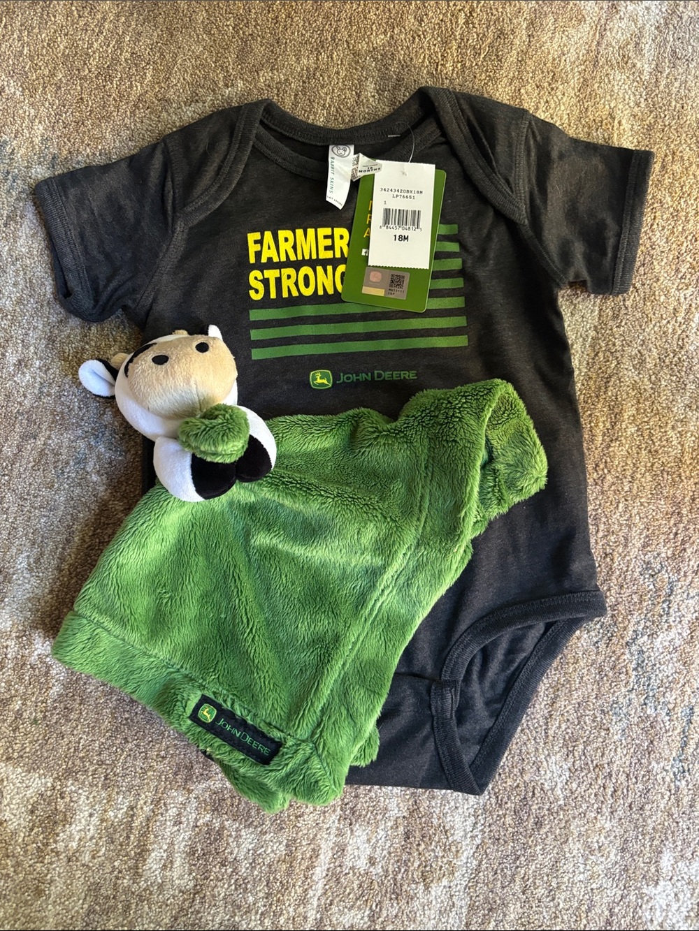 John Deere Black & Green "Farmer Strong" Baby Bodysuit with Green Lovey